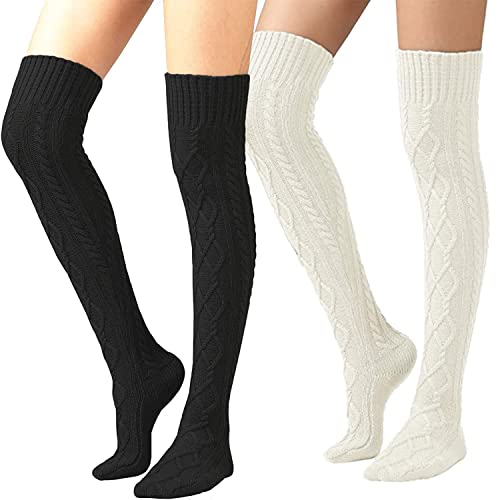 Guojanfon Women Boot Knee High Socks Thigh High Knit Socks Extra Long Winter Leg Warmers Stockings (75cm black +white)