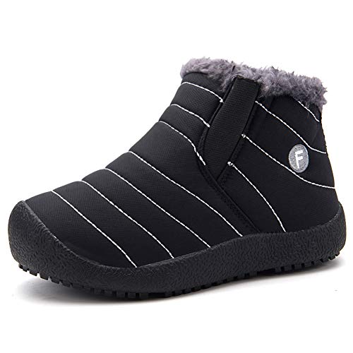 CIOR Boy's Girl's Snow Boots Fur Lined Winter Outdoor Slip On Shoes Boots-T.black-34