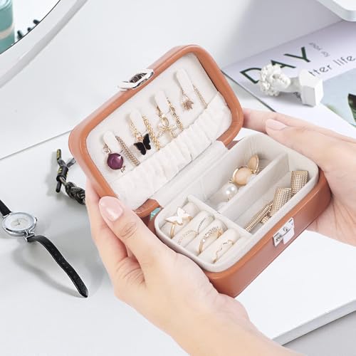 Image of BucketList PU Leather Jewellery Organizer Box with Ring Slots & Necklace Hooks | Compact Jewelry Storage Case with Secure Lock (Travel Jewellery Box Rectangular (Caramel))