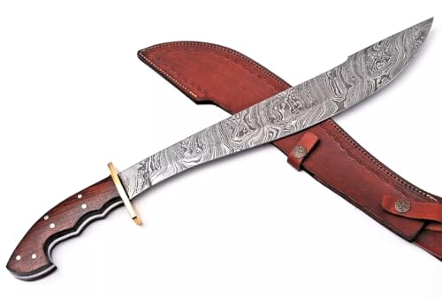 Empire - Full Tang Hunting Machete - Handmade Damascus Steel Combat Machete with Leather Sheath Rose Wood Grip Hand Forge Machete