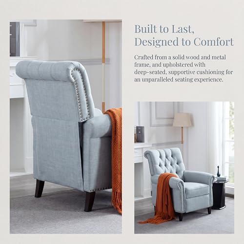 Image of Oversized Tufted Linen Manual Single Lounge Recliner Chair, Blue | Tufted Linen Fabric Manual Recliner Chair, Oversized Lazy Boy Recliner with Rolled Armrest, Breathable Fabric