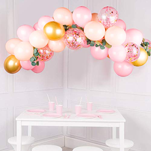Pink Balloon Garland with Artificial Greenery Garland Pink Gold Balloon Arch Kit with Artificial Greenery for Baby Shower Wedding Party Decorations