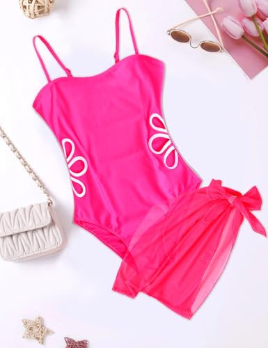 Arssm Girls One Piece Swimsuits Cut Out Bathing Suit with Cover Up Skirt Swimwear 8-14Y4