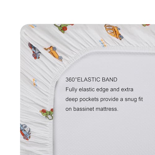 Image of Onacosht Muslin Bassinet Sheets 3 Pack for Baby Boy, Dinosaur Car &Blue | Skin-friendly, 100% Cotton Bassinet Fitted Sheets, 33 inch X 17 inch, Universal Size for Standard Oval & Rectangle Bassinet Mattress