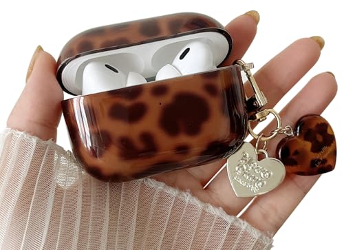 MINSCOSE for AirPods Pro 2nd/1st Generation Clear Case,Cool Amber Tortoise Leopard Pattern Design with Trendy Heart Shaped Keychain Soft TPU Protective Cover for AirPods Pro/Pro 2 -Brown