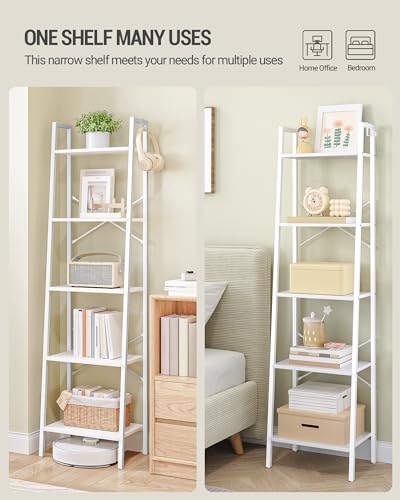Image of Hzuaneri Ladder Shelf, Bookshelf Bookcase, Freestanding Corner Storage Shelve with 2 Hooks for Home Office, Living Room, Kitchen, Bedroom, Industrial, 5-Tier White BC19213W