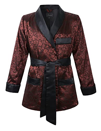 Lucasini Mens Satin Smoking Jacket Fully Lined (S Burgundy Chinese Brocade)