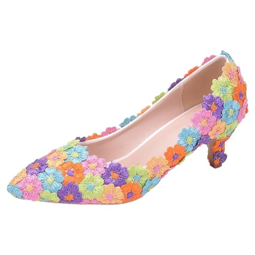 Jamron Damen Elegant Spitze Zehen 5CM High Heels Florale Spitze Perlen Brautschuhe Pumps Farbig...