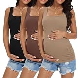 Ekouaer Maternity Tank Tops 3 Pack Square Neck Pregnancy Shirts for Women Summer Ruched Side Sleeveless Pregnant Clothes Top Brown/Khaki/Black L