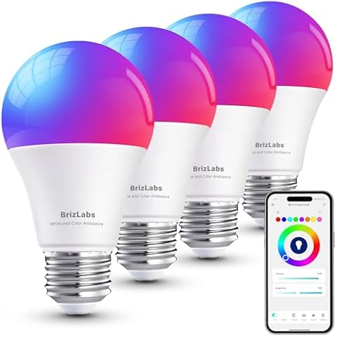 BrizLabs Smart Light Bulbs, RGBWW LED Light Bulb, Color Changing Light Bulb, App Control WiFi Light Bulb Compatible with Alexa and Google Home, 806 Lumens, A19, E26, 2.4 GHz, No Hub Required, 4 Pack Cover