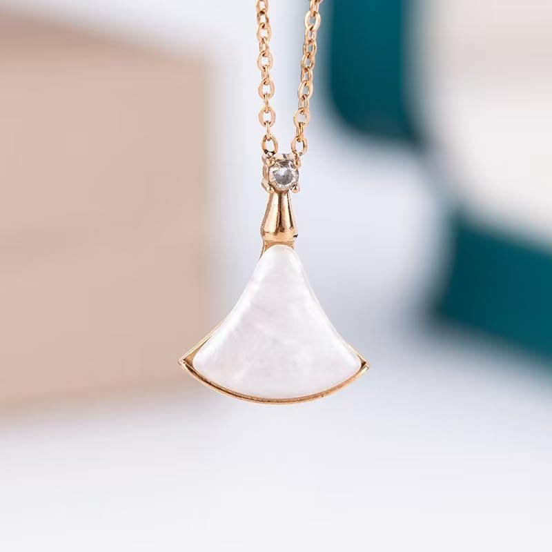 18K Gold Plated Shell Fan Pendant Necklace with Cubic Zirconia Accent – Elegant Mother of Pearl Charm Statement Jewelry - Image 3