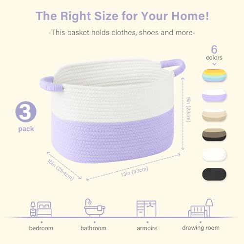 Image of Patvingot 13 inchx10 inchx9 inch Cotton Rope Storage Basket, Woven Baskets with Handles for Organizing Home Office, Shelves, Nursery, Laundry, and Toys,Empty Gift Basket-3 Pack,White /Purple