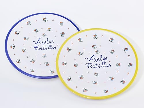 Plato Tapa Giratortillas Con Agarradera de Cerámica Artesanal Talavera Pintada a Mano 28 cm (Azul)