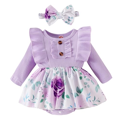 Image of GDTOGRT Baby Girl Clothes Newborn Infant Outfits Ruffle Romper One-piece Bodysuit Clothing with Bow Headband Sets for Girls