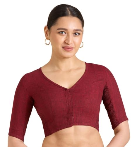 Image of Studio Shringaar Women's Thick Handloom Cotton Plain Side Stretch (Smocked) Readymade Saree Blouse