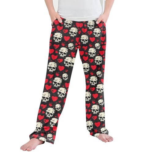 Skull Hearts Long Pajama Pants Elastic Waist PJ Bottoms with Pockets S A113337