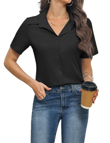 Weardear Camisa Blusa Mujer Blusa De Manga Corta Camisa De Negocios Blusas con Cuello En V Blusas con Botones Camisas Elegantes Camisa Informal Negro M