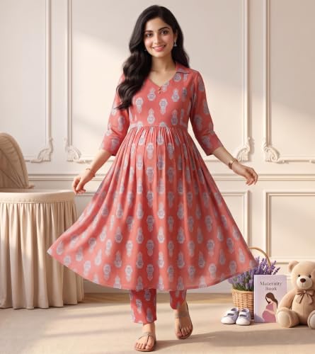 Image of DUMMY SHAPE Maternity Dresses for Women Cotton | Floral Kurta Pant Dupatta Set with Nursing Zippers, Side Pocket | Pre & Post Pregnancy | Feeding Kurti Suit | Baby Shower | Gifts for Pregnant Woman