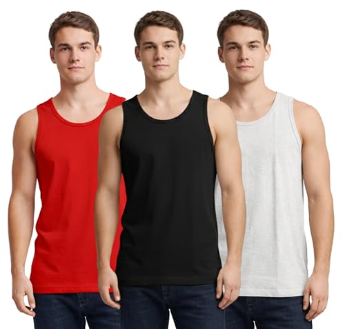 Bahob® New Mens Vest Multi Pack Lot Basic Regular Fitted Cotton Tank Top Athletic Soft Assorted Pack of 3 (UK, Alpha, M, 3XL, Regular, Regular, 3 Pack Black Skin Red)