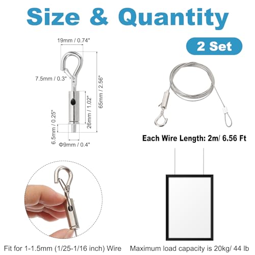 Image of PATIKIL 2 Pcs Adjustable Picture Hanging Wire Kit, 2m /6.6ft Fit for 1.5mm Wire Heavy Duty Stainless Steel Wire Rope Hanger Hardware with Loop and Hooks for Hanging Mirrors, Frames