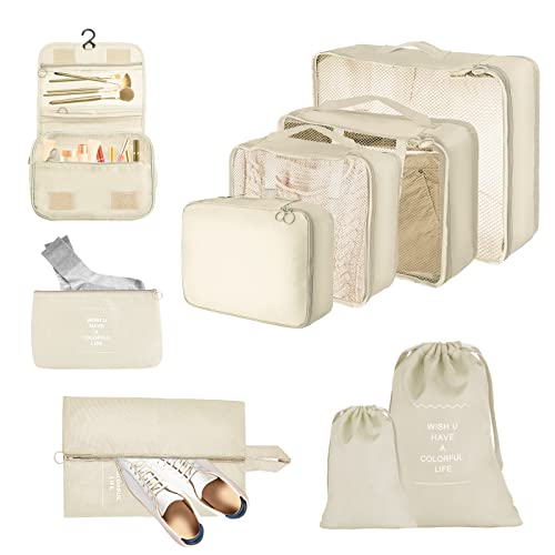 JOPHEK Organizador de Equipaje 9 Sets, Impermeable Packing Cubes Bolsas Ropa Viaje, Organizador Mochila Maleta Viaje, Para Ropa, Ropa Interior, Bolsa Zapatos Viaje, Cosméticos, Beige
