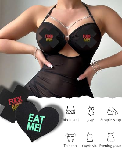 Image of CICKEE Pasties Sexy Nipple Covers 9 Pack Fun Pasty Pack for Rave Party Goth Lingerie Heart X Breast Petals with Words