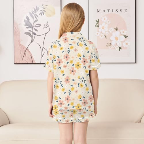 Retro Yellow and Pink Flowers Summer Satin Pajama Set, Cute Button-Down Sleepwear Pj Set for Sleep Wears4