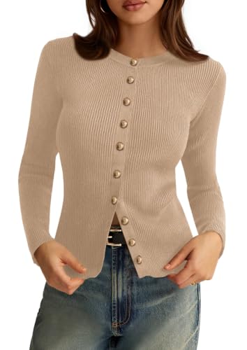 PRETTYGARDEN Women's Fall Lightweight Cardigan Sweaters,Light Khaki,L