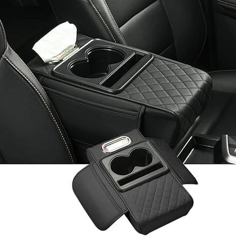 DRIVIJI Car Armrest Cushion, 5 in 1 Center Console Cover with 2 Cup Holders, Phone Holder, Tissue Holder, Storage Bag, Multifunctional Leather Heightened Car Armrest Cushion for Most Car (Black)-image-22
