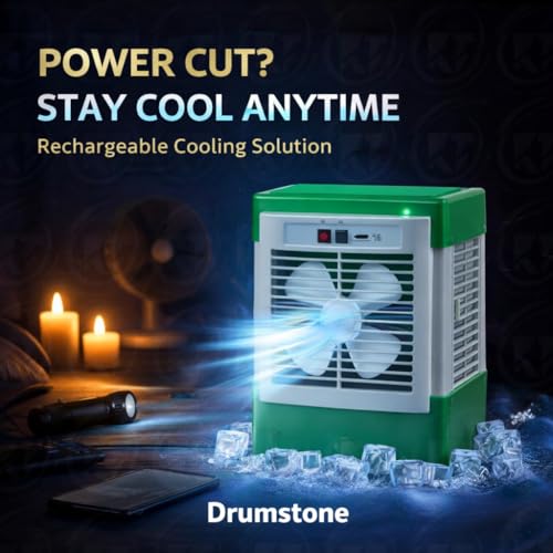 Image of DRUMSTONE ( 2026 Brings 15 Years Warranty ) Mini AC Portable Air Cooler Rechargeable with 1.5L Tank, USB Cooling Fan, Personal Desk AC for Room Office Travel, Battery Powered Cooler Fan