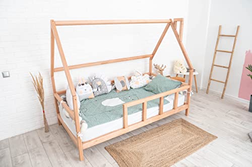 Busywood Montessori Bed For Toddlers - Wooden House Bed Frame - Twin Bed - Bed Montessori (Model 1, Natural Tree, With Legs & Slats) #TOP2