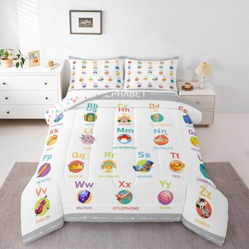 Image of Feelyou ABC Alphabet Bedding Set King Size, Cartoon Alphabet Comforter Numbers Alphabet Comforter Set Kids Toddler Educational Learning Duvet Set Microfiber Bed Set