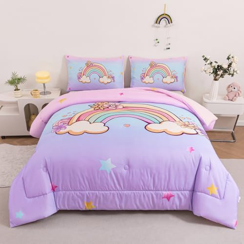 ZSYAYAHA Twin Bed Sets for Girls 3 Pieces Kids Rainbow Comforter Set Cute Pink Purple Rainbow Twin Bedding Set