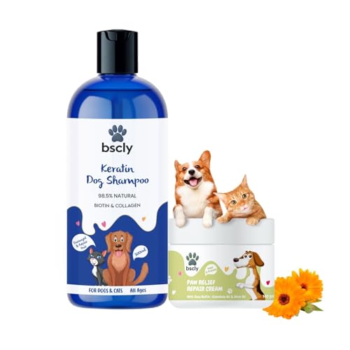 Image of Bscly Keartin Dog Shampoo + Paw Cream - Ticks & Fleas Prevention, Enriched with Aloe & Coconut Oil, Ph Balanced Dog Shampoo, Heals Skin, Suitable for Pomeranians to Golden Retrievers Pack of 2