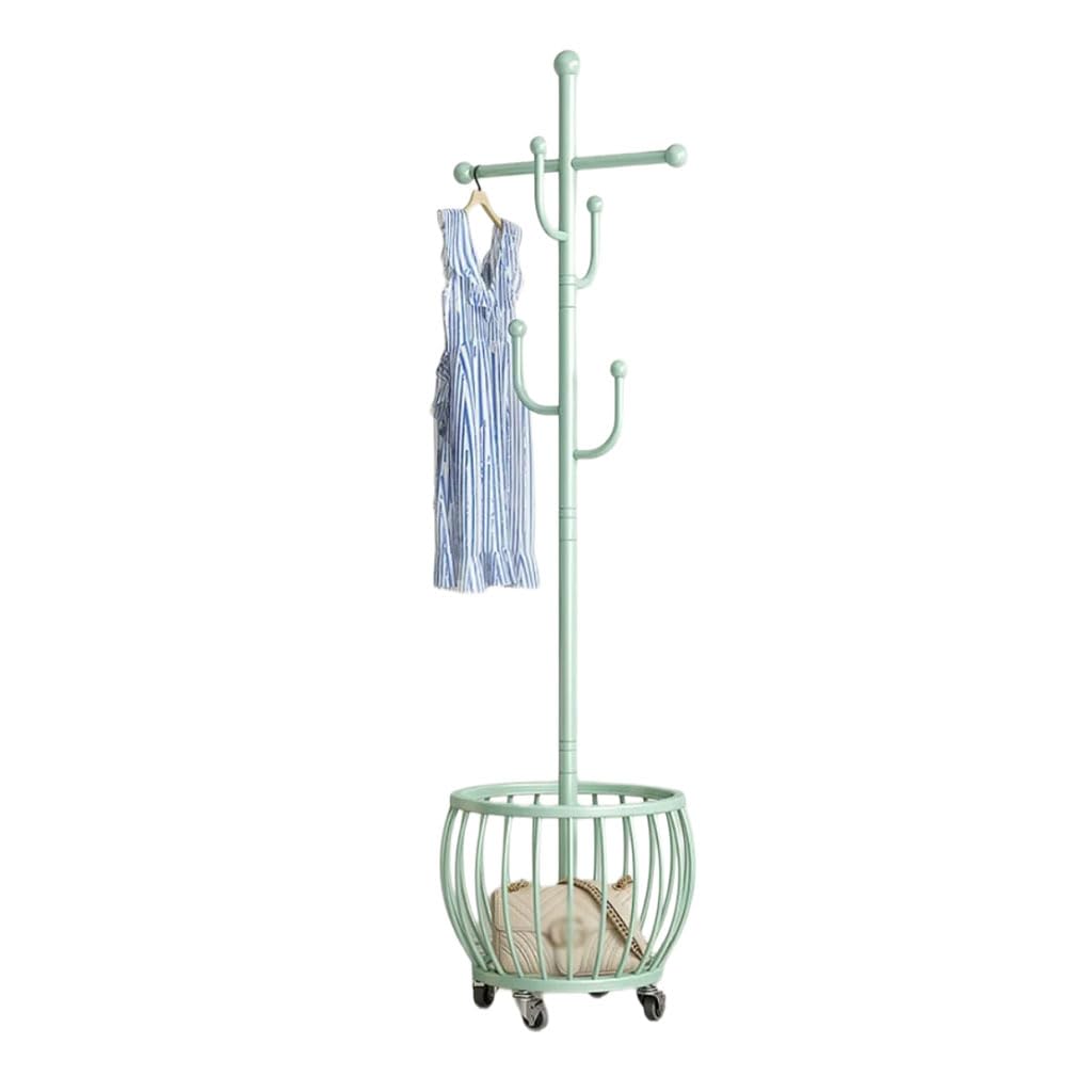 HRGKLMN Modern Coat Stand Freestanding Coat Rack Metal with Wheels And Storage Basket, Multifunctional Coat Hanger Stand for Jackets for Hallway Bedroom Entrance Area,Green