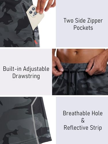3rd hill Men's 7 inch Running Shorts with Zipper Pockets Quick Dry Athletic Gym Workout Shorts Lightweight Grey Camo M — view 4