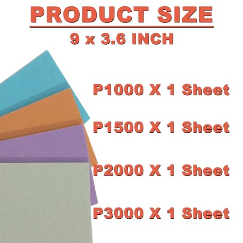 Image of Performance Foam Sandpaper Sheets: 4Pcs, 1000 1500 2000 3000 Grit | 9 x 3.6 Inch, Wet & Dry Use for Automotive Clear Coat Repair, Ultra Fine Sand Paper for Headlight Restoration