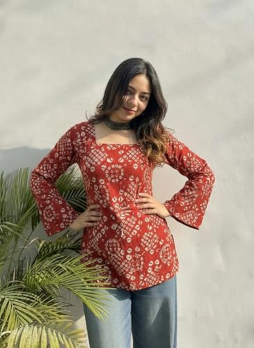Image of ANNI Designer Women's Viscose Printed Short Kurti | Straight Fit Ethnic Top with Square Neck | Bell Sleeve Casual Indian Kurta for Office College, Party