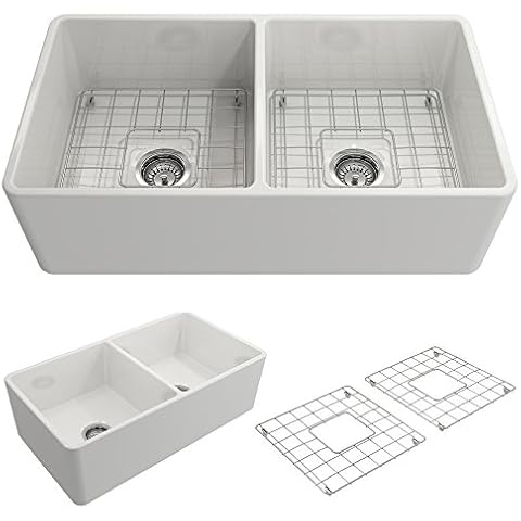 BOCCHI Classico Farmhouse Apron Front Fireclay 33 in. Double Bowl Kitchen Sink with Protective Bottom Grid and Strainer in White Cover