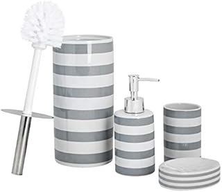 Harbour Housewares 4 Piece Bathroom Accessories Set - Soap Dispenser, Dish, Toothbrush Holder, Toilet Brush - Grey Stripe