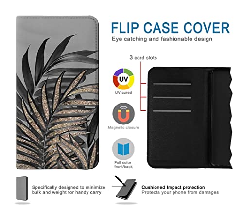 Étui iPhone 15 Plus à rabat en cuir motif feuilles de palmier gris et noir