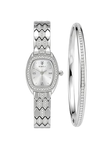 JSDDE Montre et Bracelet Coffret pour Femme Lot de Luxy Montre Quartz Métal en Acier Brillant Strass Argent Cadran Blanc Boîtier Tonneau et Bracelet Jonc Fine Pavé Strass pour Femmes Fille Poignet Fin