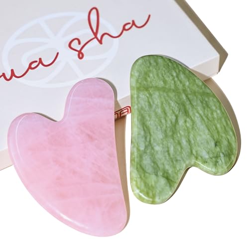 Rena Chris Rose Quartz and Xiuyan Jade Gua Sha Set, Natural Jade Gua Sha Facial Tools for SPA Acupuncture, Gua Sha Stone for Body Face Neck and Eye, Daily Skin Care Tools