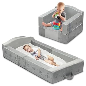 Toddler Travel Bed, 2 in 1 Foldable Toddler Floor Bed (45″ x 22″ x 6.7″), Soft Sponge Raised Safety Bumpers, Portable Kids Travel Bed with 2 Mattresses & Washable Cover