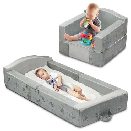 Toddler Travel Bed, 2 in 1 Foldable Toddler Floor Bed (45″ x 22″ x 6.7″), Soft Sponge Raised Safety Bumpers, Portable Kids Travel Bed with 2 Mattresses & Washable Cover