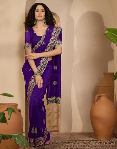 Image of SIRIL Women's Shimmer Chiffon Sequence Embroidery Saree With Unstitched Blouse Piece for Wedding and Parties