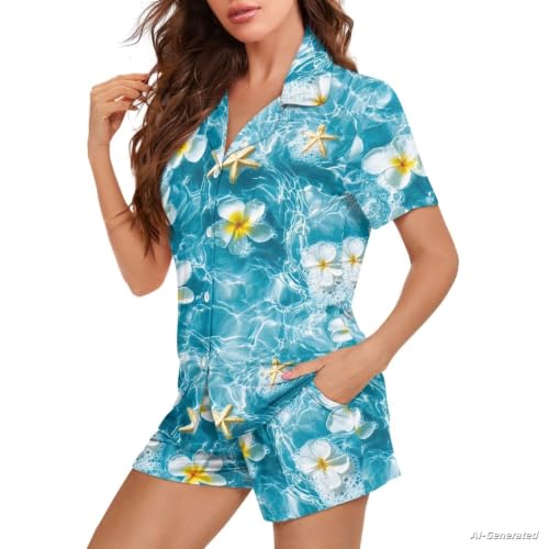 Image of Renewold Women's Short Sleeve Pajama Set Button Down Sleepwear with Notch Collar Soft Lounge Top and Shorts with Pockets