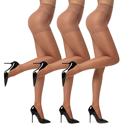 EVERSWE 3 Pairs Womens Sheer Pantyhose 20D High Waist Control Top Pantyhose Hosiery (Brown S)