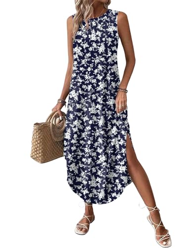Image of Zeagoo Women Floral Summer Casual Beach Printed Tank Dress with Pockets Pleated Front Long Dress
