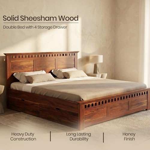 Image of WOODLAB Furniture Solid Sheesham Wood King Size Bed for Bedroom 4 Storage Drawer Wooden Double Beds Cot Furniture for Living Room (Honey Finish)